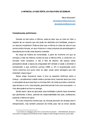  A Infância, o melhor tempo para semear